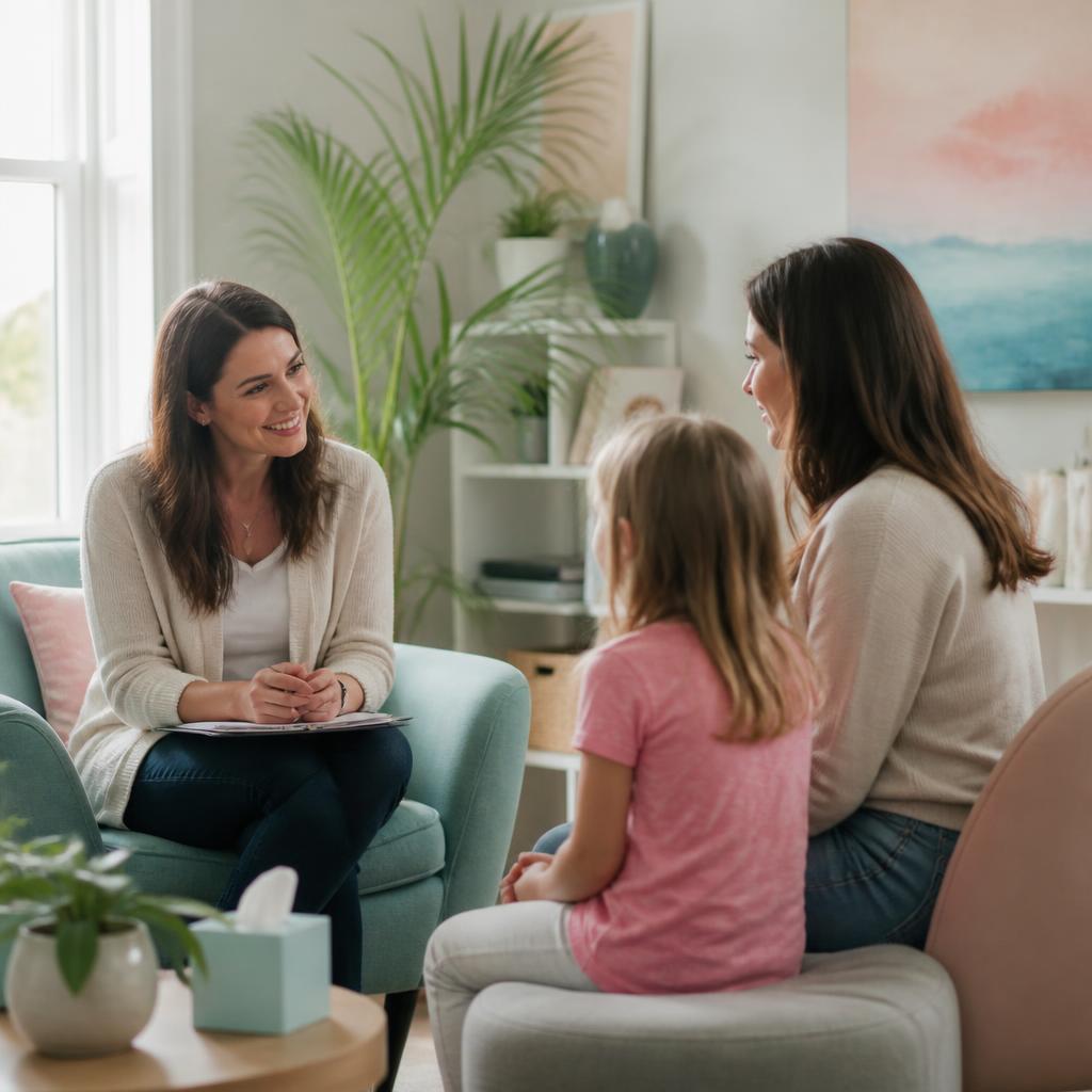 A caring therapist meeting with a parent and child in a warm, welcoming counseling room